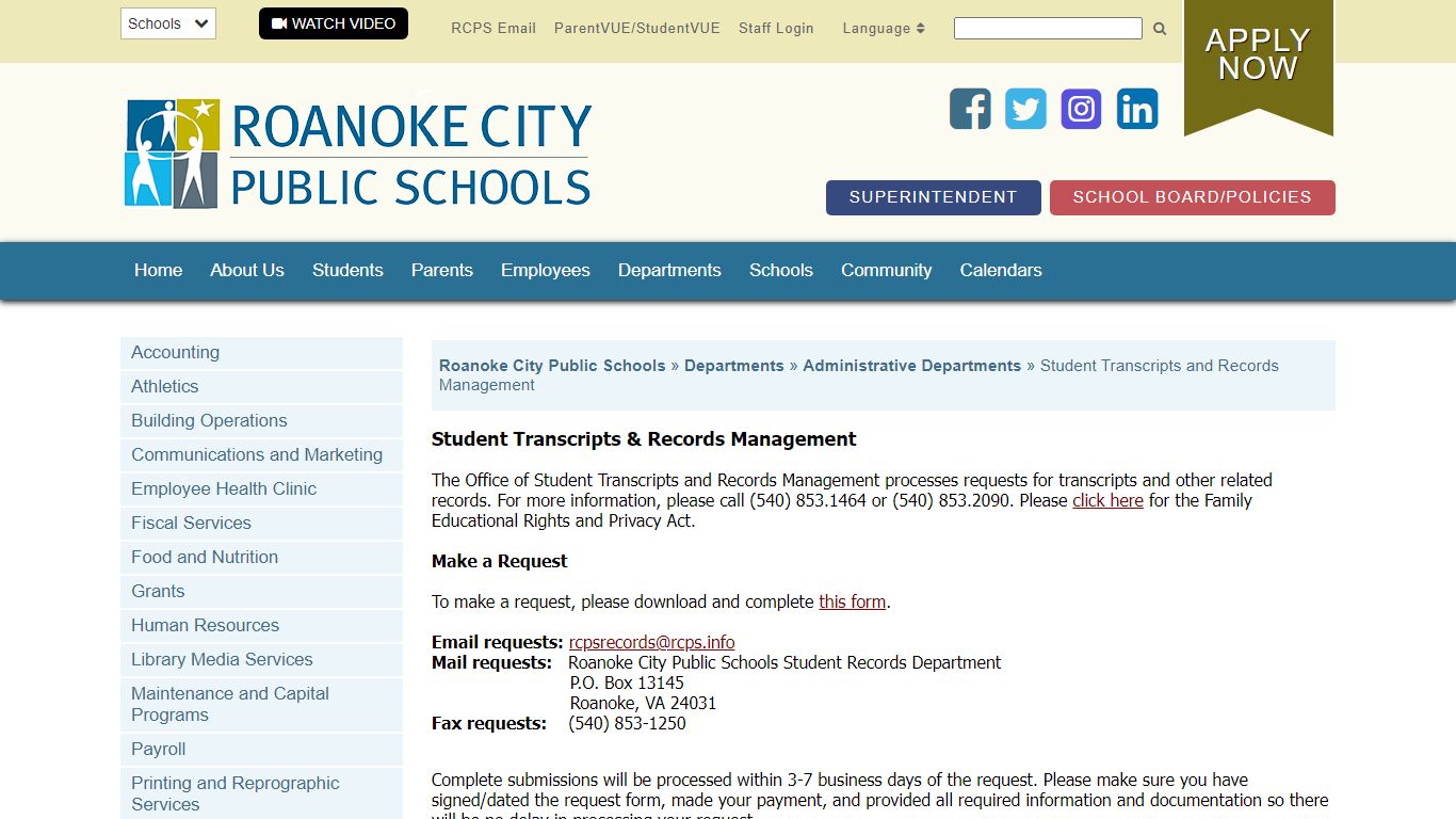 Student Transcripts and Records Management - Roanoke City ...